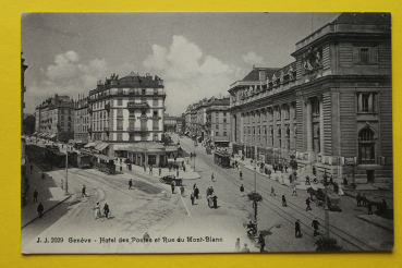 Ansichtskarte AK Genf / Post / 1905-1915 / Postgebäude – Straßenbahn – Auto – Pferdekutschen